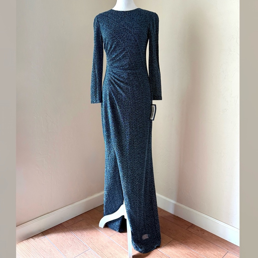 NWT Shoshanna Midnight Metallic Navy Silver Lurex Long Sleeve Ruched Maxi Gown 4